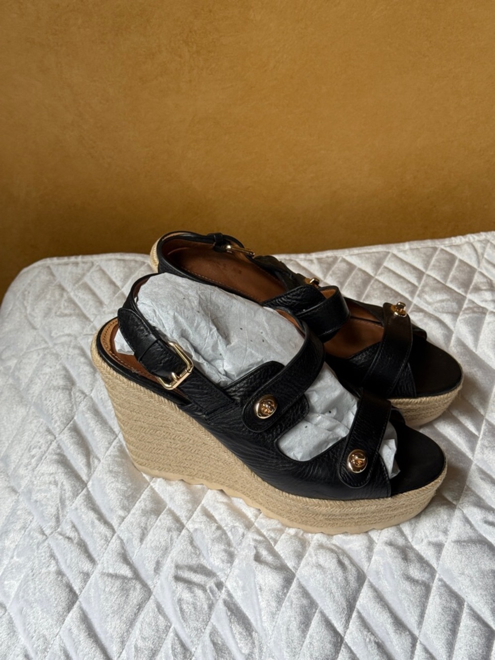 Coach Black Leather “Electra” Espadrille Wedge Sandals with Gold Accents